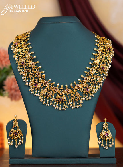 Antique guttapusalu necklace chandbali design with kemp & cz stones and pearl & hangings