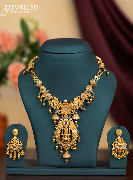 Antique necklace lakshmi design with kemp & stones and golden beads hangings without earrings