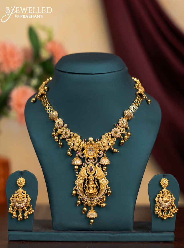 Antique necklace lakshmi design with kemp & stones and golden beads hangings without earrings