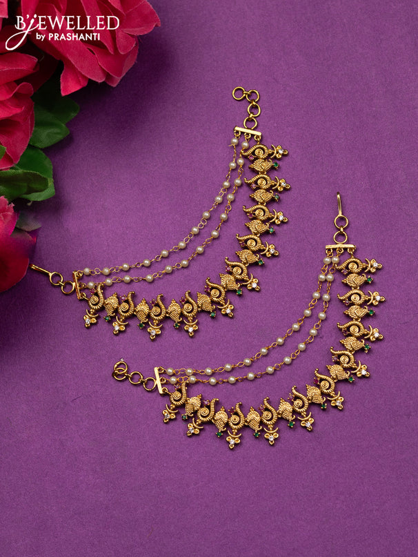 Antique triple layer maatal shanku design with kemp & cz stones and pearl hangings