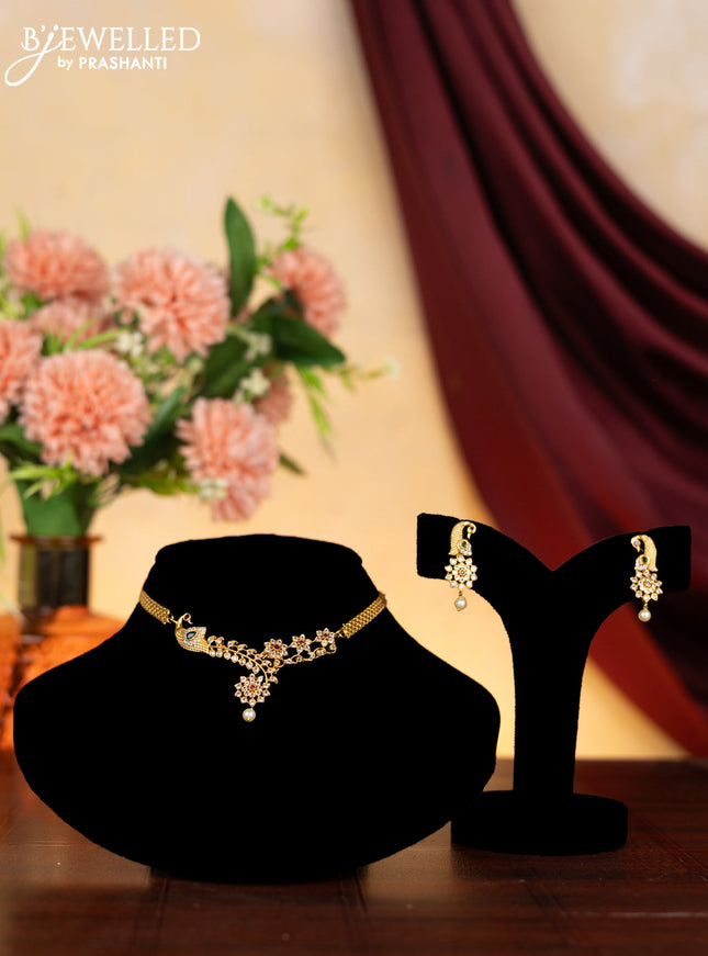 Antique choker peacock design with kemp & cz stones and pearl hanging