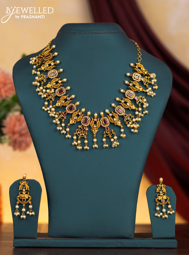 Antique guttapusalu necklace with kemp & cz stones and pearl hangings