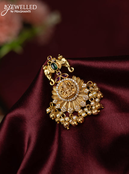 Antique maang tikka lakshmi design with kemp & cz stones and pearl hangings