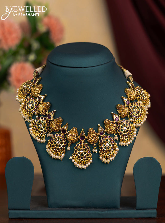 Antique necklace lakshmi design with kemp & kundan stones and pearl hangings