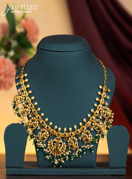 Antique guttapusalu necklace peacock design with kemp & cz stones and pearl & green beads hangings without earring