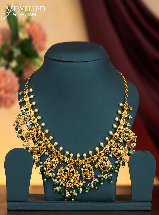 Antique guttapusalu necklace peacock design with kemp & cz stones and pearl & green beads hangings without earring