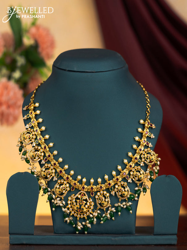 Antique guttapusalu necklace peacock design with kemp & cz stones and pearl & green beads hangings without earring