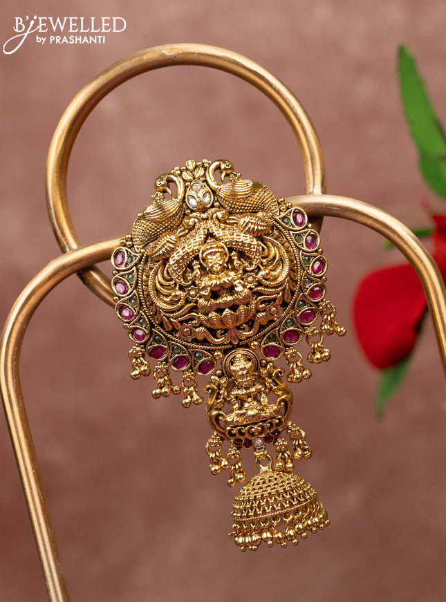 Antique jada billai lakshmi design with kemp & kundan stones and golden beads hangings