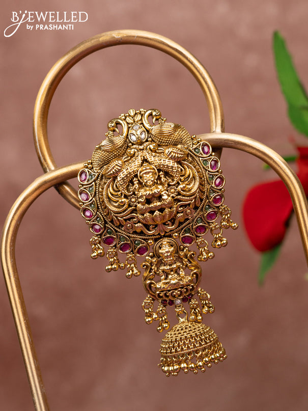 Antique jada billai lakshmi design with kemp & kundan stones and golden beads hangings