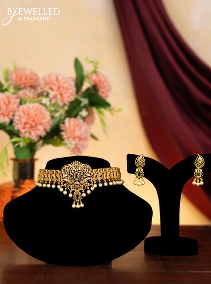 Antique choker peacock design green kemp & cz stones and pearl hangings