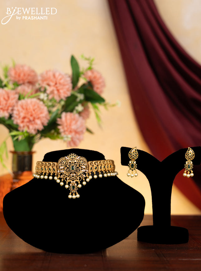 Antique choker peacock design green kemp & cz stones and pearl hangings