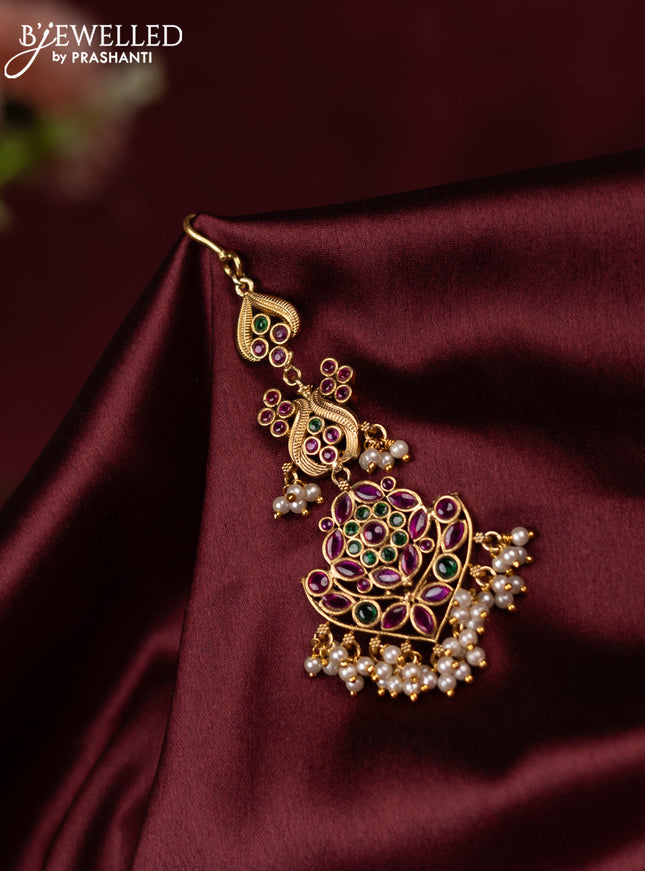 Antique maang tikka with kemp stones and pearl hangings