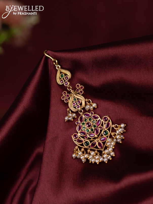 Antique maang tikka with kemp stones and pearl hangings