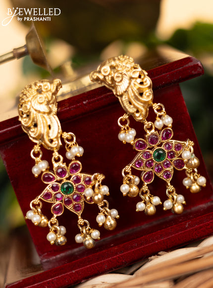 Antique earrings peacock design with kemp stones and pearl & golden beads hangings