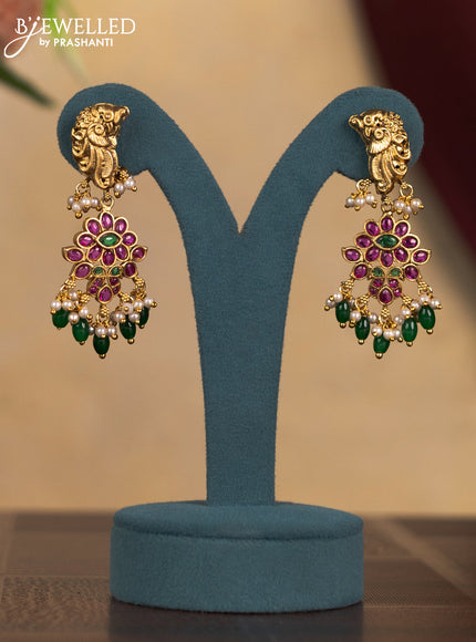 Antique attigai necklace peacock design with kemp stones and pearl & green beads hangings