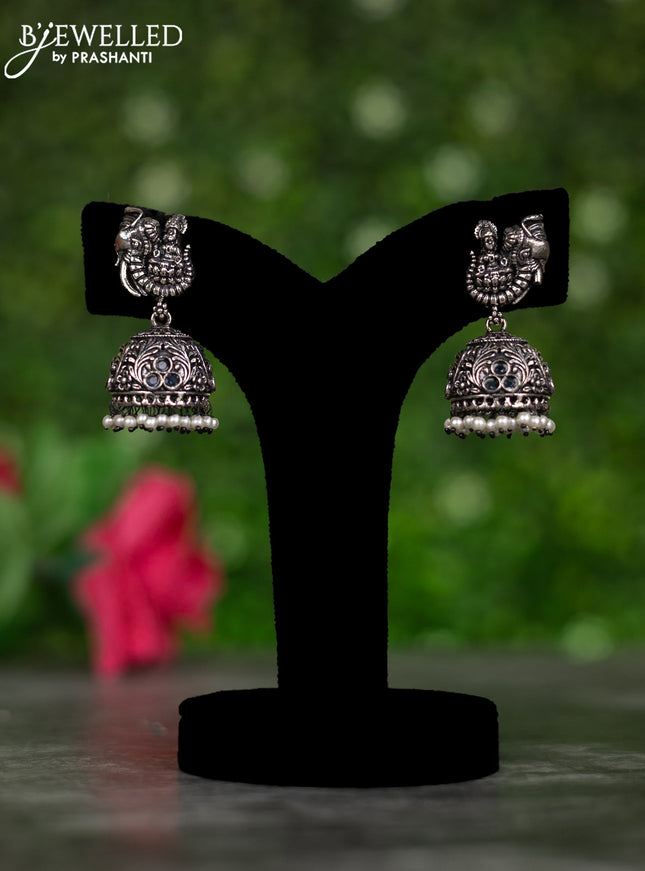 Oxidised jhumkas lakshmi design with sapphire stones and pearl hangings