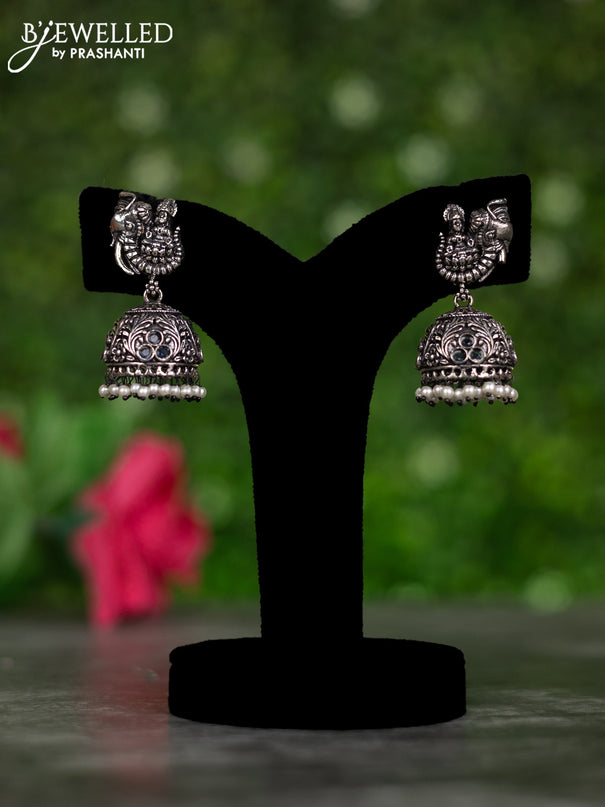 Oxidised jhumkas lakshmi design with sapphire stones and pearl hangings