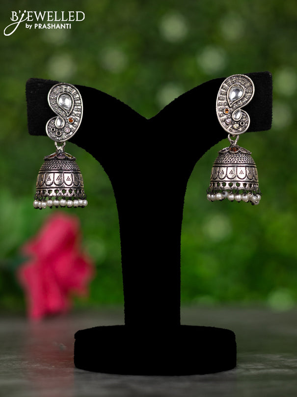 Oxidised jhumkas with multicolour & kundan stones and pearl hangings