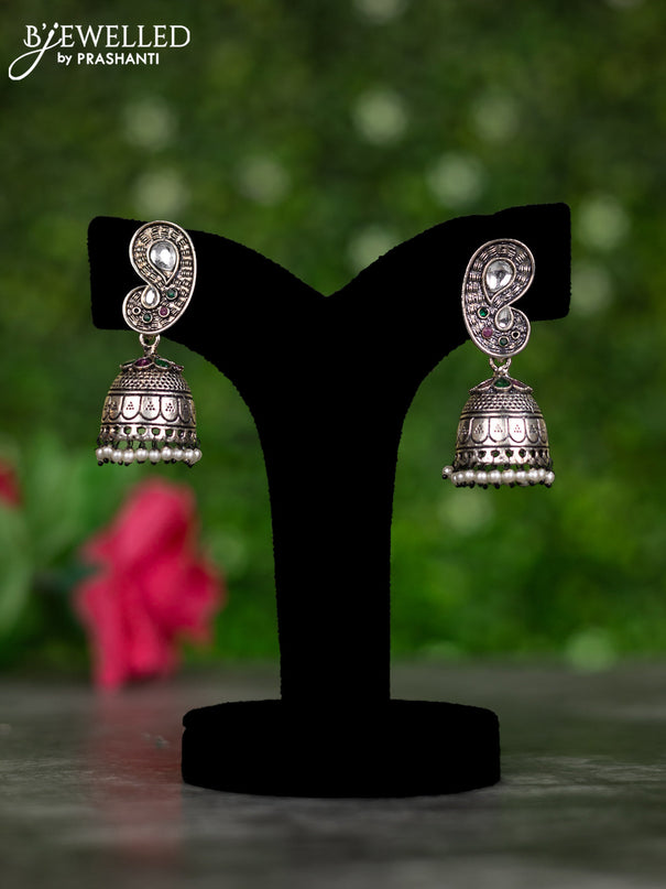 Oxidised jhumkas with kemp & kundan stones and pearl hangings
