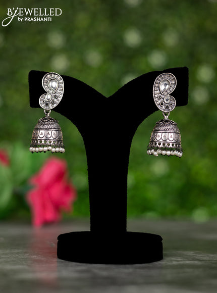 Oxidised jhumkas with black & kundan stones and pearl hangings