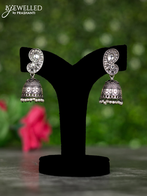Oxidised jhumkas with black & kundan stones and pearl hangings
