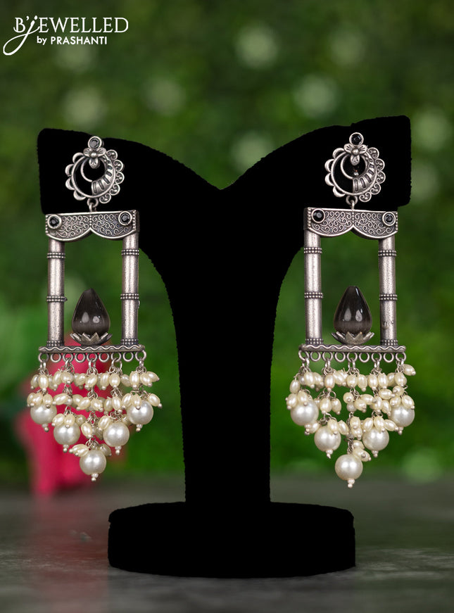 Oxidised earrings with black stones and pearl hangings
