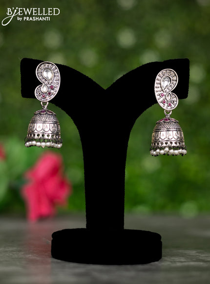 Oxidised jhumkas with ruby & kundan stones and pearl hangings
