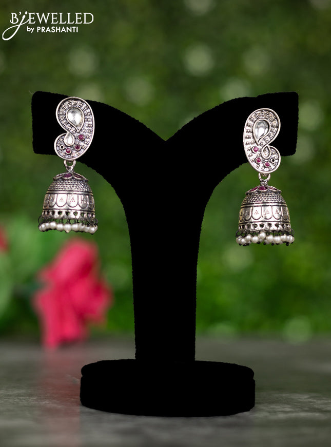 Oxidised jhumkas with ruby & kundan stones and pearl hangings
