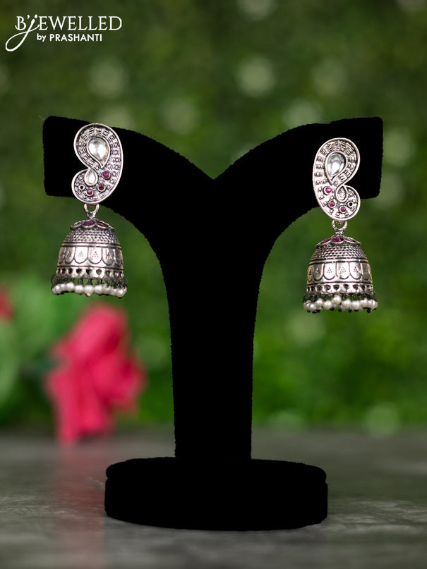 Oxidised jhumkas with ruby & kundan stones and pearl hangings