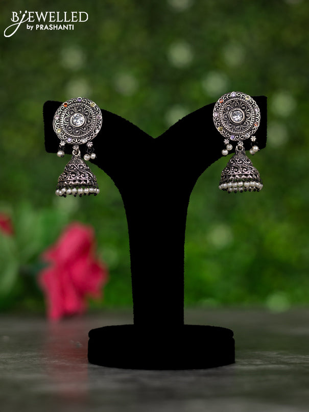 Oxidised jhumkas with multicolour stones and pearl hangings