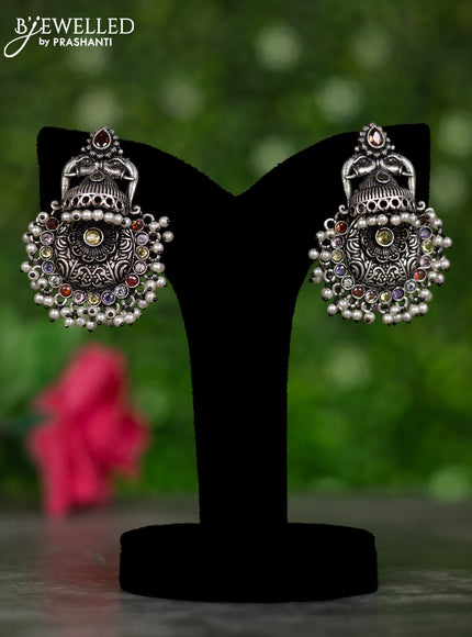 Oxidised earrings with multicolour stones and pearl hangings