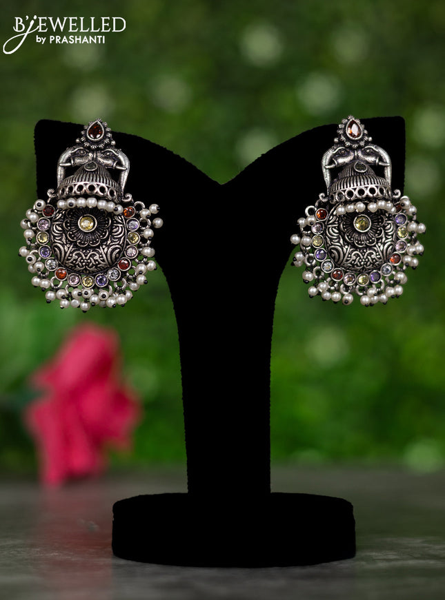 Oxidised earrings with multicolour stones and pearl hangings