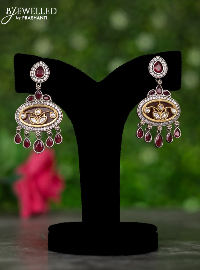 Oxidised earrings with maroon and cz stones