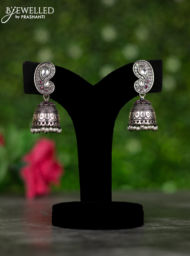 Oxidised jhumkas with ruby & kundan stones and pearl hangings