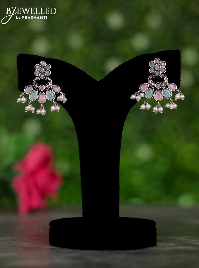 Oxidised earrings with baby pink & mint green stones and pearl hangings