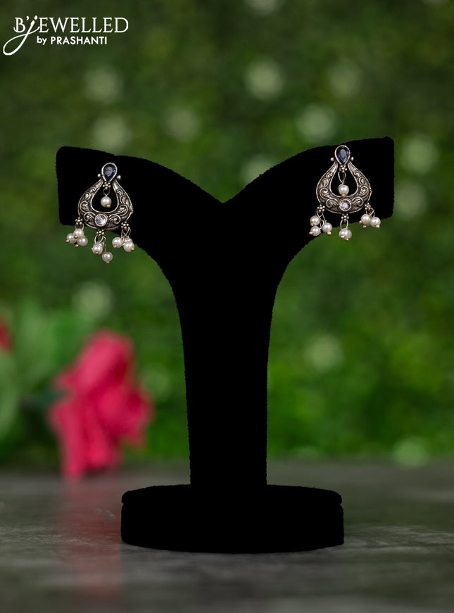 Oxidised earrings with sapphire & cz stones and pearl hangings