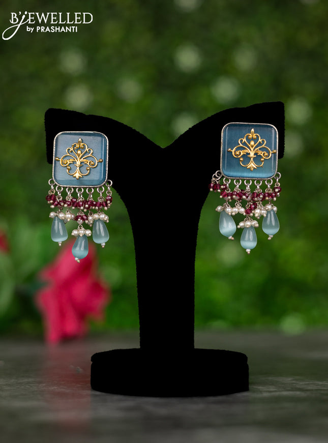 Oxidised earrings with ice blue stones and pearl & beads hangings