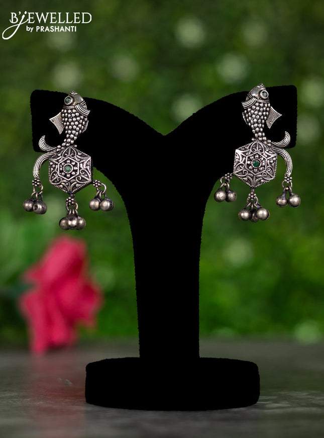 Oxidised earrings fish design with emerald stones and hangings