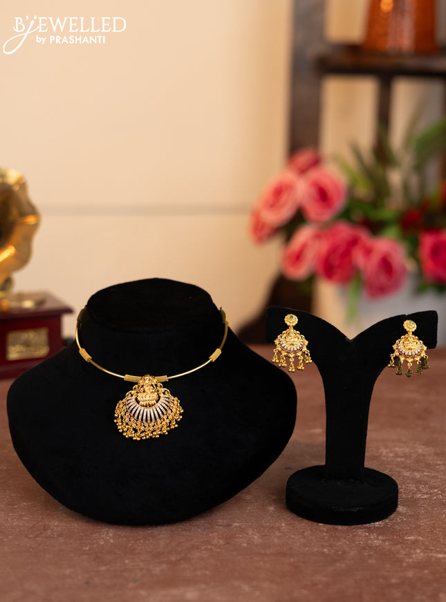 Antique ring type Choker lakshmi design with kemp & cz stones and golden beads hangings