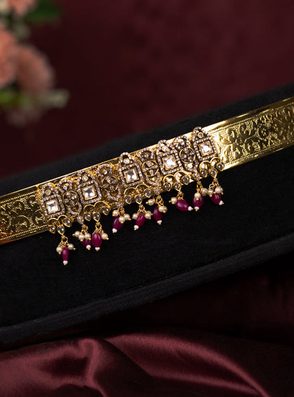 Antique self embosse hip belt with cz stones & pearl and pink beads hangings in victorian finish