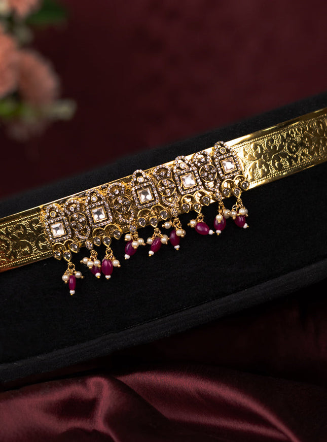 Antique self embosse hip belt with cz stones & pearl and pink beads hangings in victorian finish