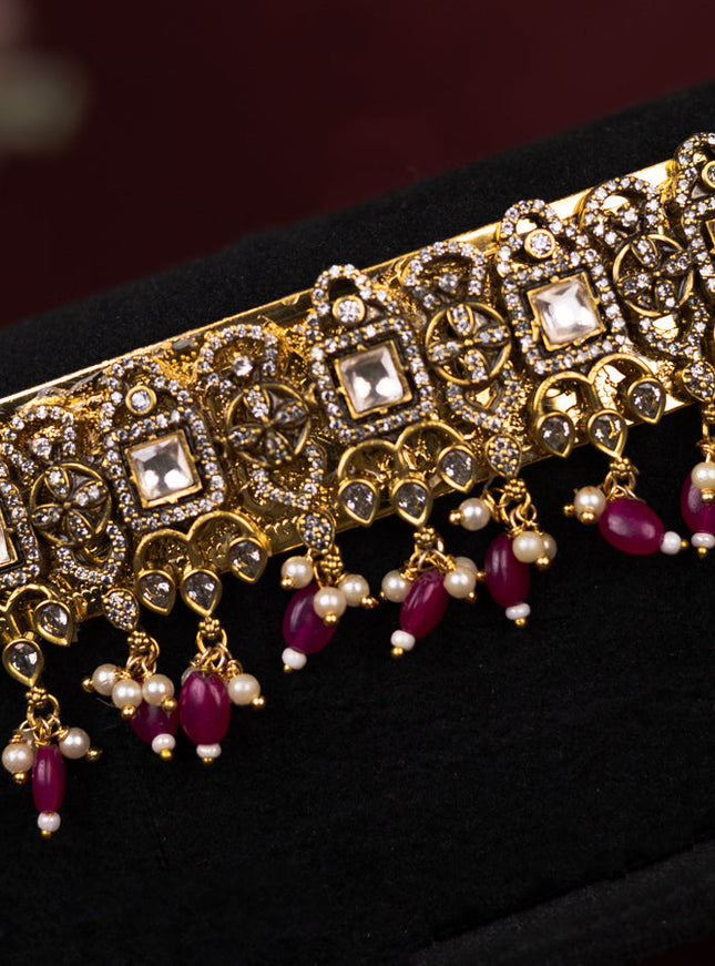 Antique self embosse hip belt with cz stones & pearl and pink beads hangings in victorian finish