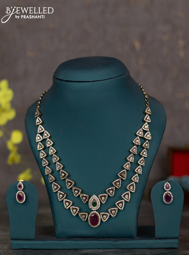 Necklace with double layer geomatric design & kemp and cz stone in victorian finish