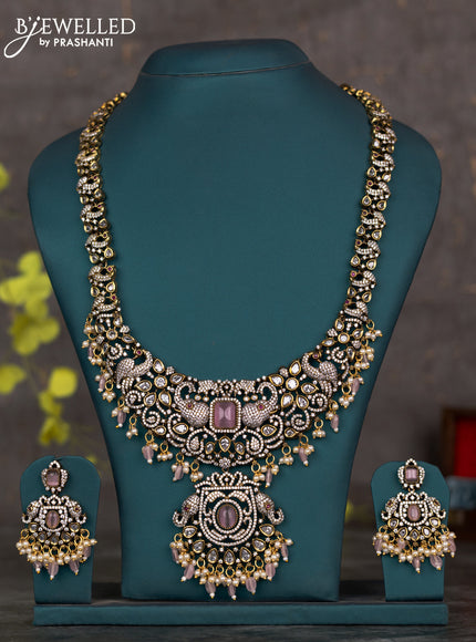 Haaram with baby pink & cz stone and beads hangings in victorian finish