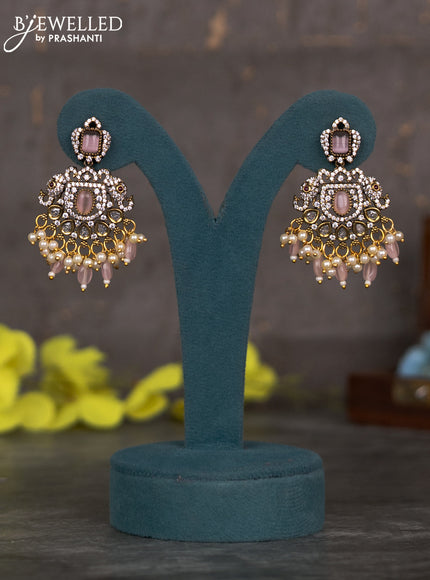 Haaram with baby pink & cz stone and beads hangings in victorian finish