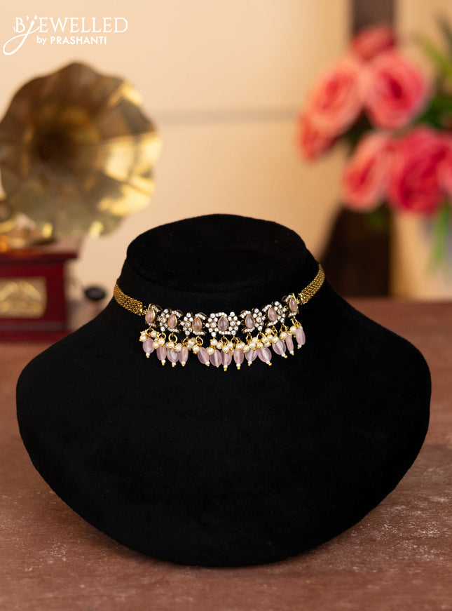 Choker with baby pink & cz stone and beads and pearl hangings without earrings