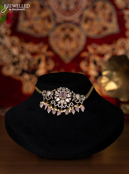 Choker elephant design with baby pink & cz stone and beads hangings without earring