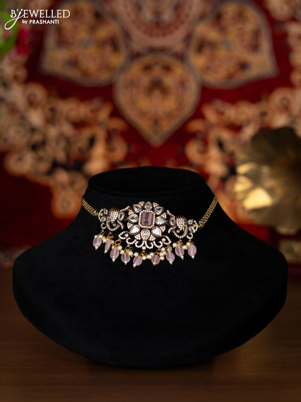 Choker elephant design with baby pink & cz stone and beads hangings without earring