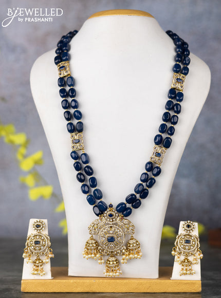 Beaded double layer blue haram peacock design with sapphire & cz stones and pearl & beads hanging in victorian finish