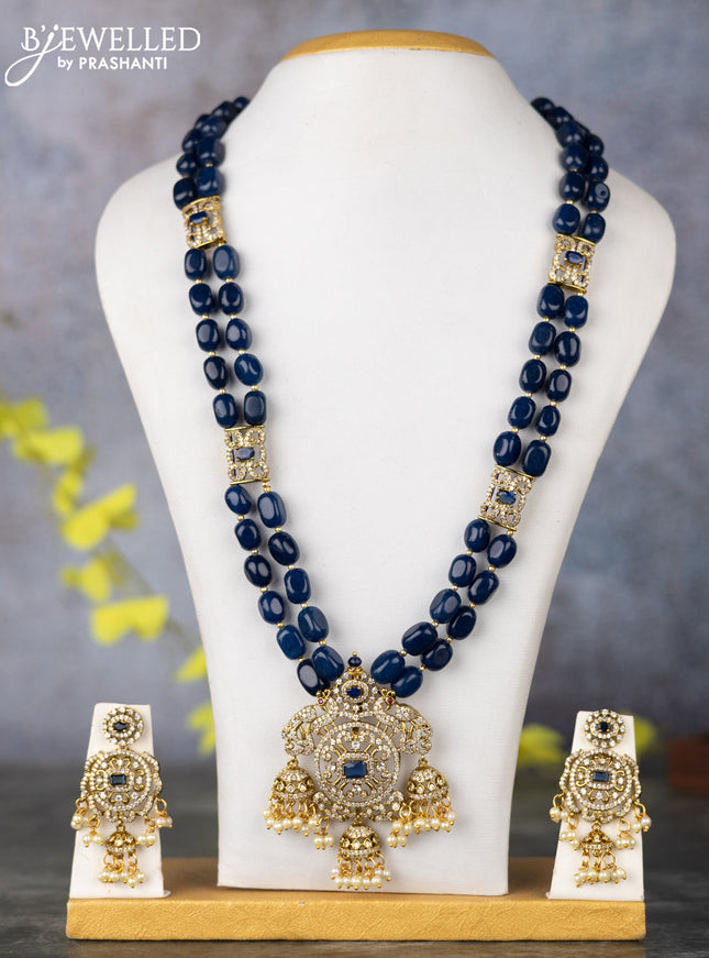 Beaded double layer blue haram peacock design with sapphire & cz stones and pearl & beads hanging in victorian finish